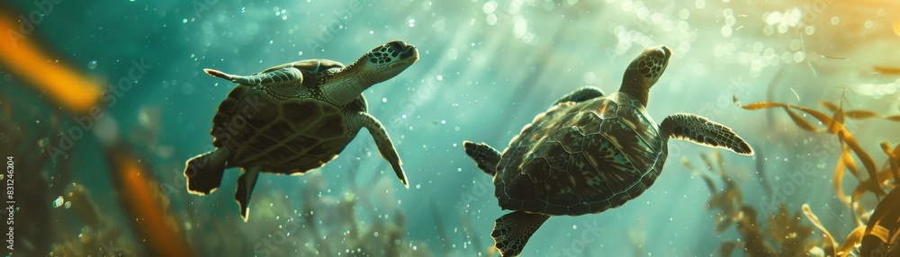 Wall mural Underwater view of two sea turtles swimming gracefully through the ocean, surrounded by sunlight and vibrant marine life. - Wall murals