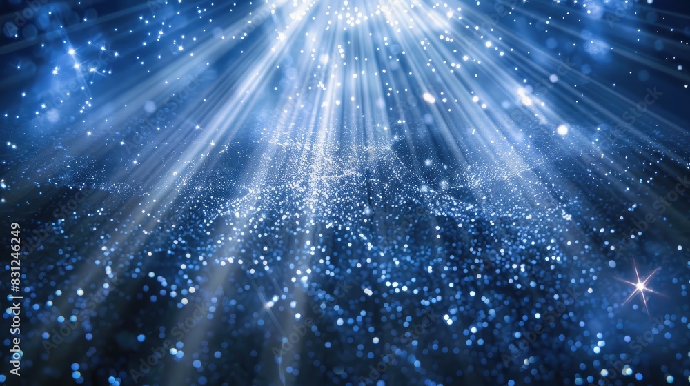 Poster enchanting blue glitter particles falling gracefully in delicate light rays, creating a mesmerizing 