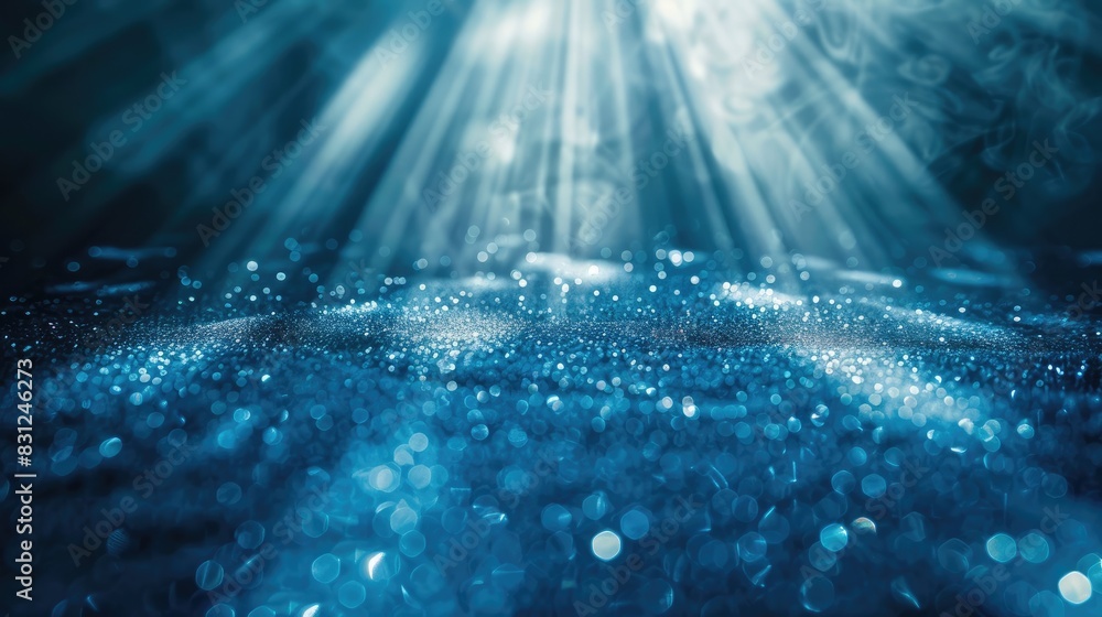 Poster enchanting blue glitter particles falling gracefully in delicate light rays, creating a mesmerizing 