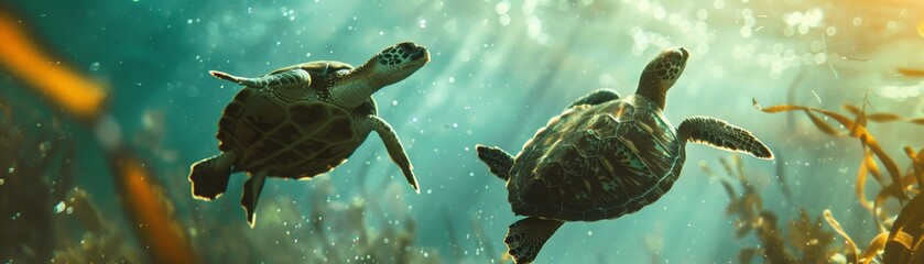 Fototapeta premium Underwater view of two sea turtles swimming gracefully through the ocean, surrounded by sunlight and vibrant marine life.