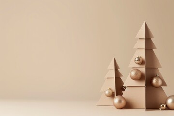 Cardboard christmas tree on beige background in 3d for winter holiday season celebration and home...