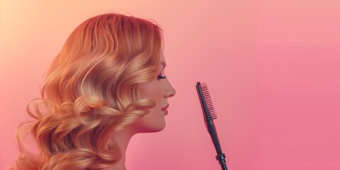 A woman with wavy blonde hair is using a straightening comb against a pastel pink background. The image highlights hairstyling and personal grooming tools.