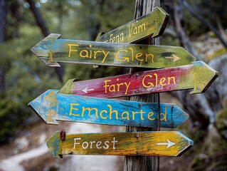 A sign with a green arrow pointing to Fairy Glen and a red arrow pointing to Enchanted Forest
