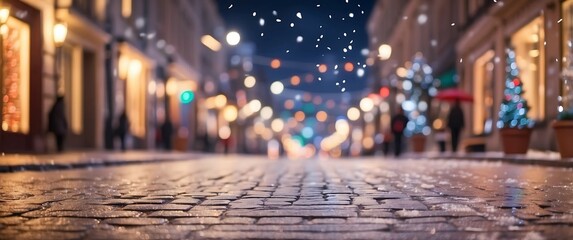 A brick street with snow falling and blurred lights in the background.