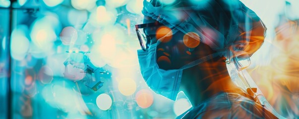 A medical professional in surgical attire, surrounded by abstract bright lights, symbolizes the dedication and precision in healthcare.