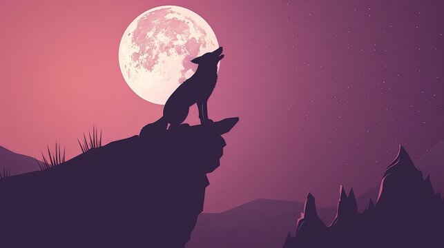 Image of a coyote howling at the moon flat design top view nocturnal call theme animation Triadic Color Scheme