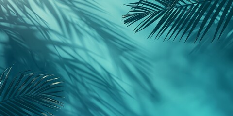 Obraz premium Artistic image of palm leaves casting intricate shadows on a turquoise background, evoking a sense of tropical elegance and modern aesthetic design.