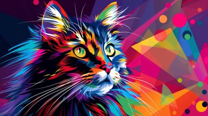 Stylish Norwegian Forest Cat artwork, vibrant pop art, colorful geometric patterns copy space, futuristic, multilayer, modern interior backdrop