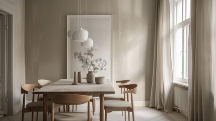 Scandinavian-style dining room with a minimalist table, modern chairs, and soft lighting, creating an intimate and inviting space for shared meals