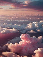 Cotton candy-like pink clouds floating in the sky, creating a dreamy and soft fantasy background.