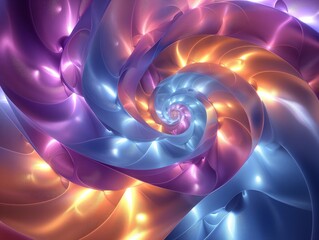 A colorful spiral with a blue center and orange and purple swirls. The spiral is illuminated and he is a work of art
