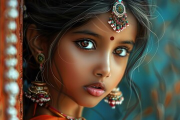 Closeup of a young woman adorned in vibrant traditional indian jewelry and attire