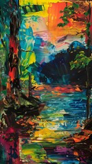 Colorful, abstract painting depicting a lively forest scene with vivid brushstrokes