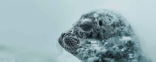Obraz premium Close-up of a seal pup in the snow, showcasing its fur and peaceful expression against a blurred, icy background.