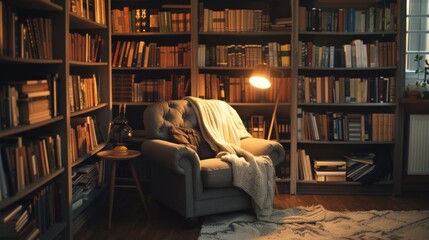 Scandinavian-style reading nook with a comfortable armchair, floor lamp, and bookshelves filled with literature, providing a tranquil space for relaxation and contemplation