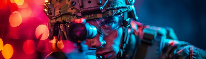 Close-up of a soldier with night vision goggles, in tactical gear, in a neon-lit atmosphere with a focused, determined look.