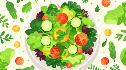 Image of a fresh garden salad flat design top view healthy eating theme water color vivid
