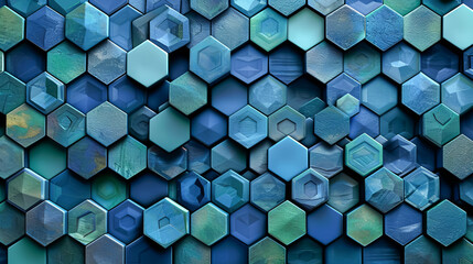 A vibrant geometric pattern featuring interlocking hexagons in various shades of blue and green, creating a modern and dynamic visual effect