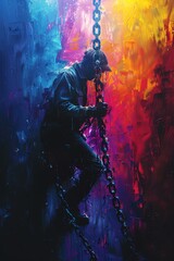 Obraz premium A lone figure climbs a chain against a vibrant, abstract background of blue, purple, and orange. The silhouette evokes a sense of struggle and determination.