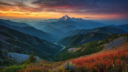 Mountain Sunset" is a beautiful landscape a summer sunset. field of red flowers, with a river valley and mountains
