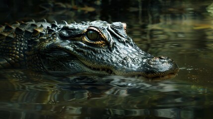 A close up of a crocodile's face in water