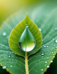 A close-up view of a large dew drop perched on a lush green leaf, capturing the delicate beauty of nature. The clarity and detail highlight the freshness and purity of the scene.. AI Generation