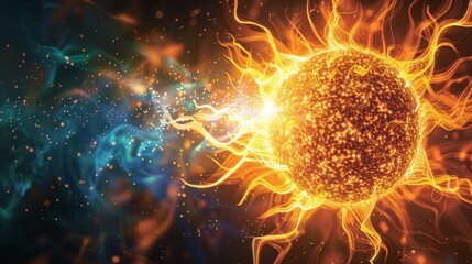 A glowing yellow sun is surrounded by blue and purple sparks