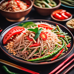 Close-up of a vibrant plate of som tam with shredded green papaya, featuring fresh tomatoes, long beans, dried shrimp, crushed peanuts, and a tangy lime dressing, all set