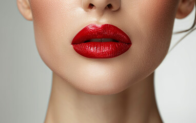 Portrait of a woman with lipstick and flawless skin on a white background