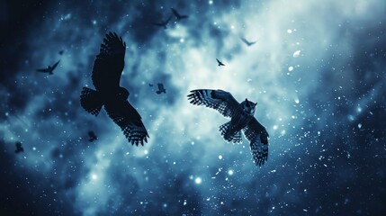 Fototapeta premium Majestic owls soaring through a starry night sky, capturing the serene beauty and mystery of nocturnal flight amid celestial wonders.