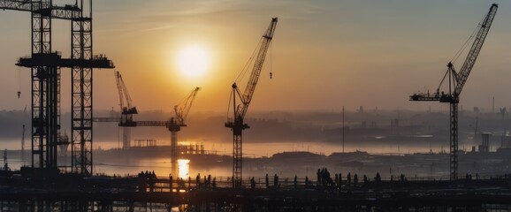 Silhouette of Engineer and worker on building site, construction site at sunset in evening time. Urban Construction Landscape, Ideal for architectural firms, construction companies, and real estate ag