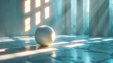 A white ball is sitting on a floor in a room with sunlight shining on it