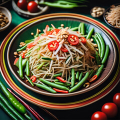 Close-up of a vibrant plate of som tam with shredded green papaya, featuring fresh tomatoes, long beans, dried shrimp, crushed peanuts, and a tangy lime dressing, all set