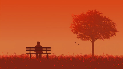 A person sitting alone on a bench, under a tree at sunset, in a tranquil field, creating a serene and introspective scene in warm orange tones.