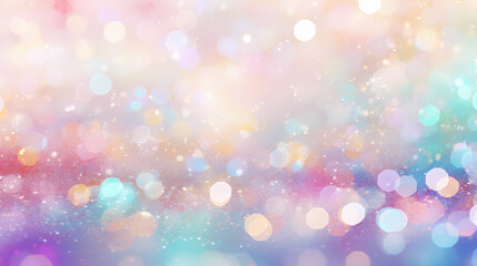 Abstract pastel rainbow bokeh background with glitter and heart shapes