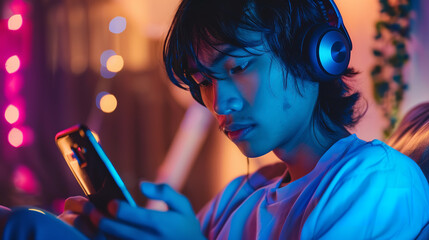 younger asian guy, around 17 years old, holding phone and using headphone - Powered by Adobe