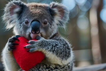 Adorable koala cuddling a red heartshaped plush toy in a natural setting