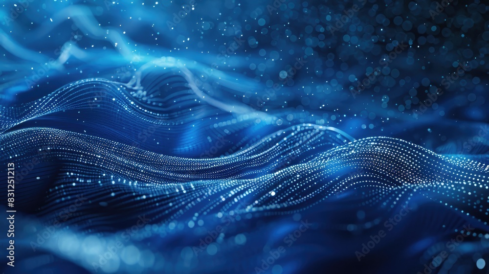 Poster dynamic blue background with particle curves and a futuristic hi-tech design, ideal for abstract vis