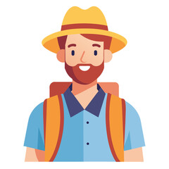 A cartoon illustration of a man with a hat and a backpack
