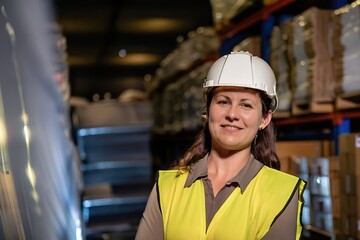 worker in warehouse, woman with a sefety helmet, girl with hard hat