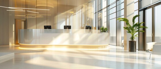 Modern and sleek corporate reception area with minimalist design, large windows, natural light, plants, and curved desk for welcoming guests.