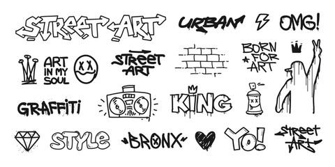 Graffiti Tags and Street Art Spray paint effect with urban typhography grunge elements - editable vector for print design ( set 2 of 3 )