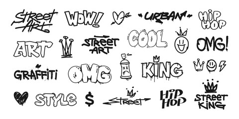 Perfect Graffiti Tags and Street Art Spray paint effect with urban typhography elements - editable vector for print design ( set 1 of 3 )