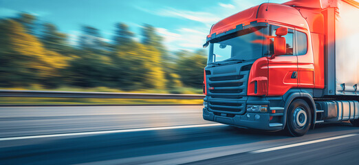 Naklejka premium Red truck is traveling at speed on a freeway. The concept of reliable cargo transportation.