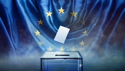 Przeźroczystą urna do głosowania na tle flagi Unii Europejskiej
