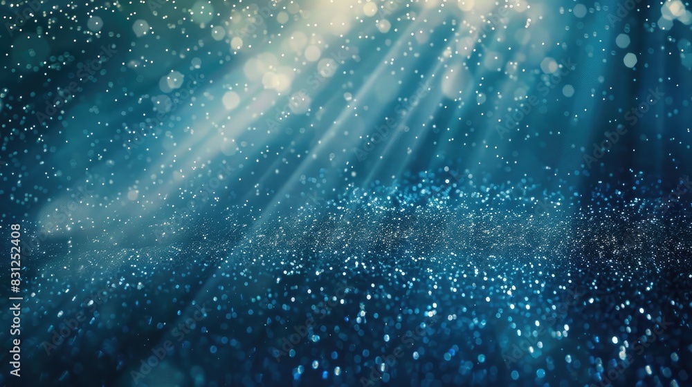 Poster delicate light rays with blue glitter particles gracefully falling in a loop, creating a mesmerizing