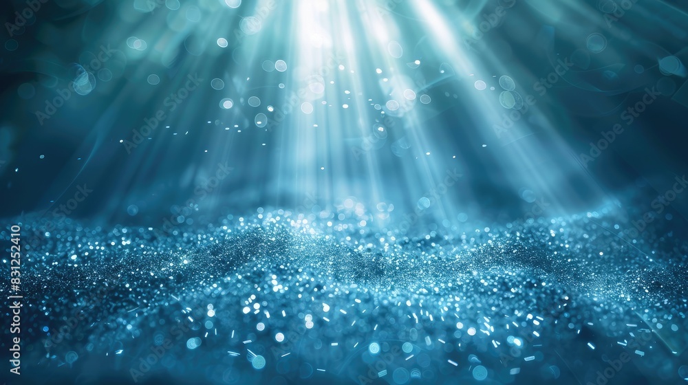 Poster delicate light rays with blue glitter particles gently cascading in an enchanting, looping animation