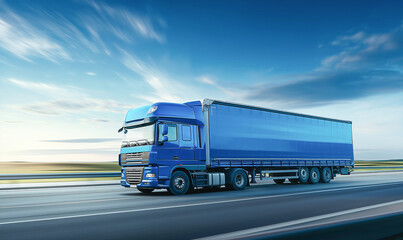 Blue truck is traveling at speed on a freeway. The concept of reliable cargo transportation.