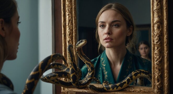 woman looks into the mirror and see a poison snake reflection of herself in the mirror. Capture this image with a high-resolution photograph using an 85mm lens for a flattering perspective