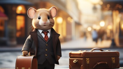 A well-dressed mouse in a suit stands on a busy street, holding a briefcase with a larger suitcase nearby, ready for business travel.